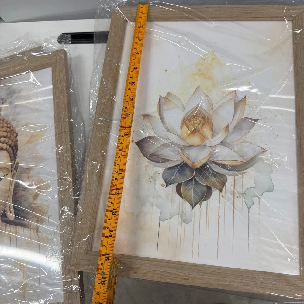Set 3 Zen Buddha Lotus Tree of Life Framed Canvas Wall Art Gold Beige 12x16